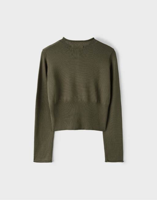 Stradivarius Fitted stand collar cardigan in khaki, 7 of 7