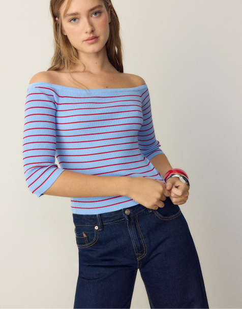 Stradivarius Fitted striped knit jumper in royal blue