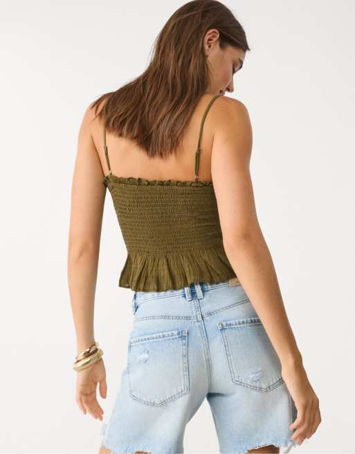 Stradivarius Fitted top with ruffles in khaki, 4 of 4