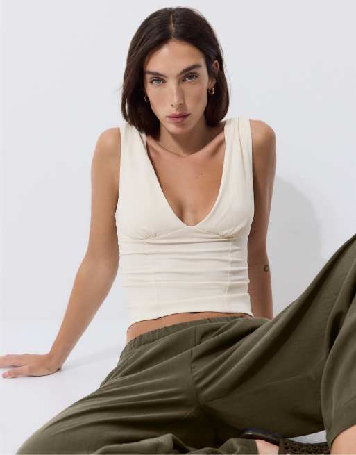 Stradivarius Fitted wide-strap top in ice, 3 of 4