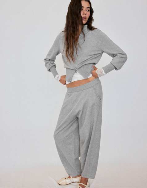 Stradivarius fitted zip-up knit cardigan and barrel trousers co-ord in grey melange - view 1