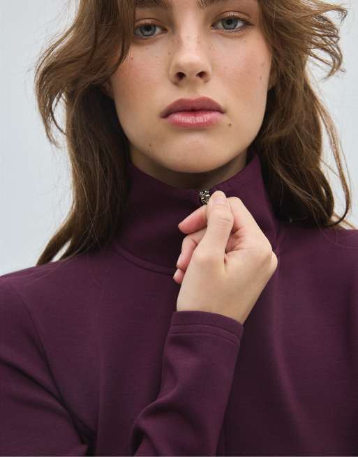 Stradivarius Fitted zip-up sweatshirt in dark purple, 4 of 7