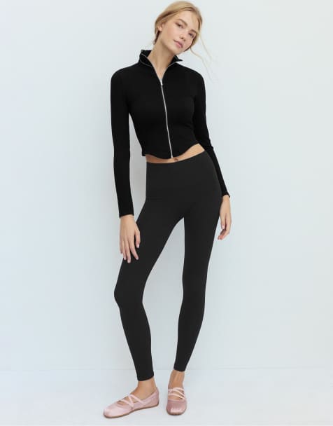 Stradivarius Fitted zip-up t-shirt in black - view 1