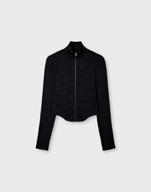 Stradivarius Fitted zip-up t-shirt in black, 6 of 7