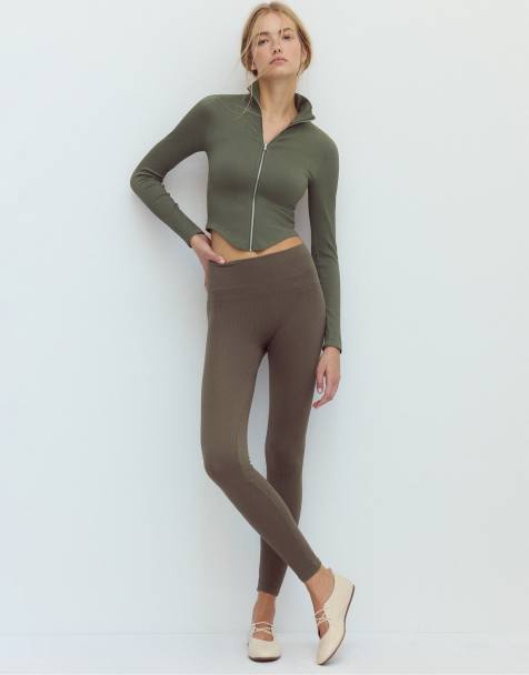 Stradivarius Fitted zip-up t-shirt in khaki - view 1