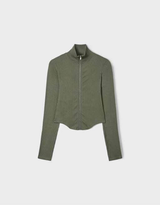 Stradivarius Fitted zip-up t-shirt in khaki, 6 of 7