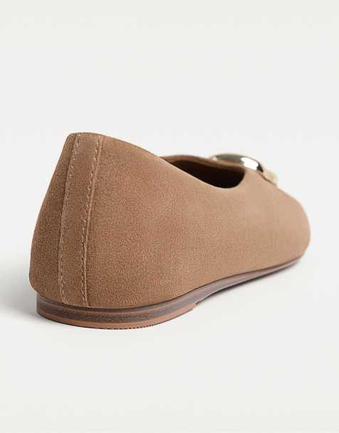 Stradivarius – Flache Ballerinas aus Spaltleder in Beige mit Verzierung - view 1