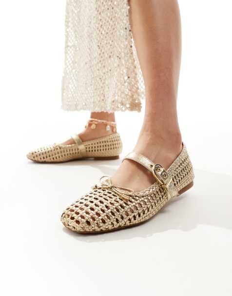 Stradivarius – Flache Ballerinas in Gold mit Flechtdesign - view 1