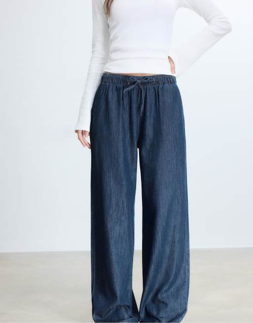 Stradivarius - Flagrende bukser i skyllet denim med løbesnor, 2 af 4