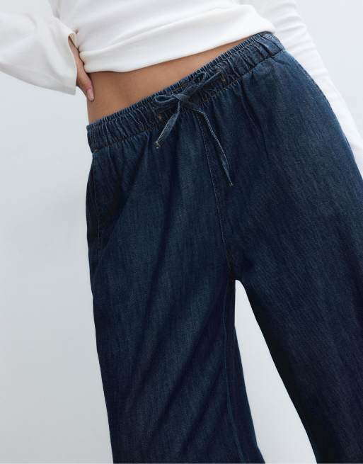 Stradivarius - Flagrende bukser i skyllet denim med løbesnor, 4 af 4