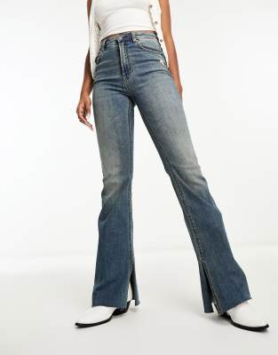 Stradivarius Flare Jean With Split In Dark Vintage Wash-blue