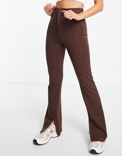 Stradivarius flare pants with split detail in chocolate