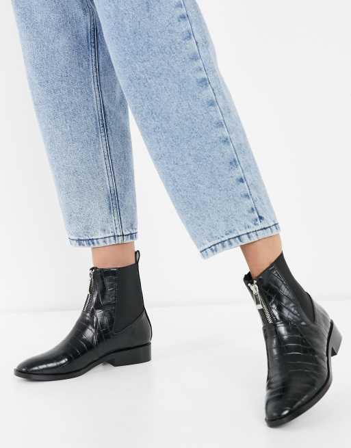black flat ankle boots with zip
