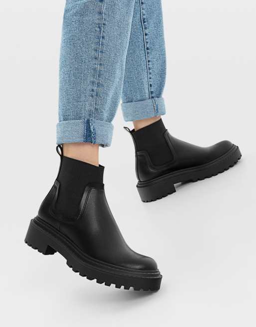 Stradivarius flat chelsea boot with rubber sole in black | ASOS