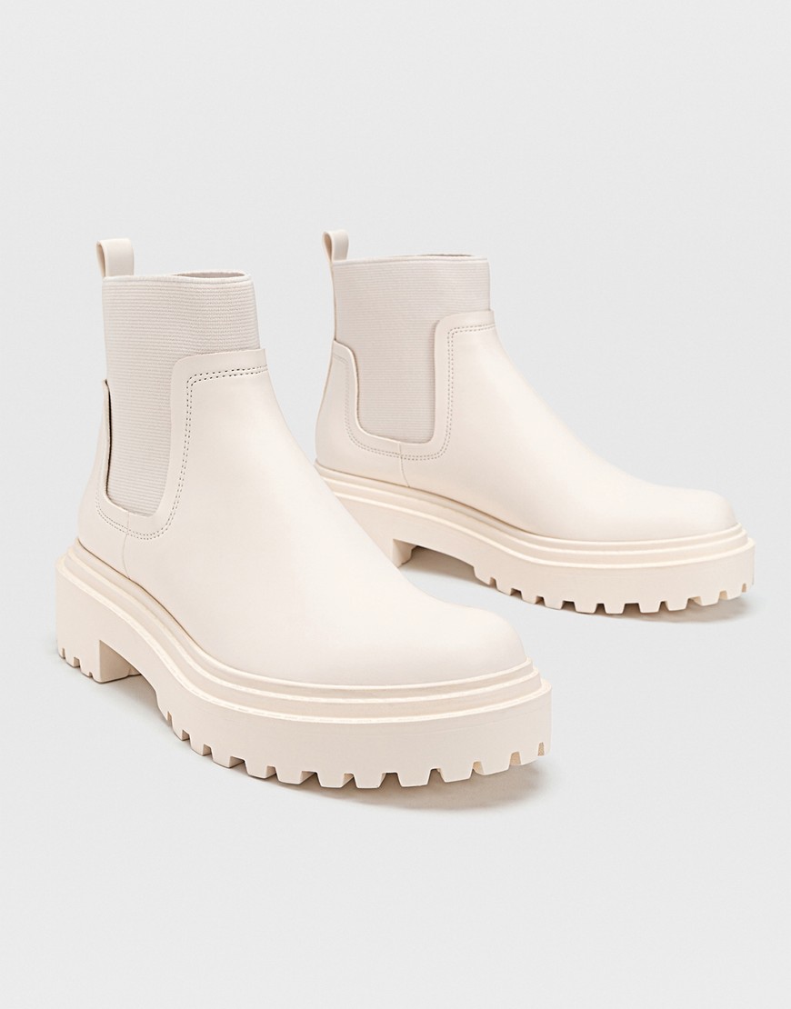 Stradivarius flat chelsea boot with rubber sole in ecru-White