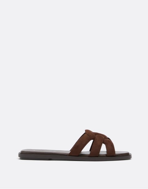 Stradivarius Flat faux suede sandals in brown - view 1
