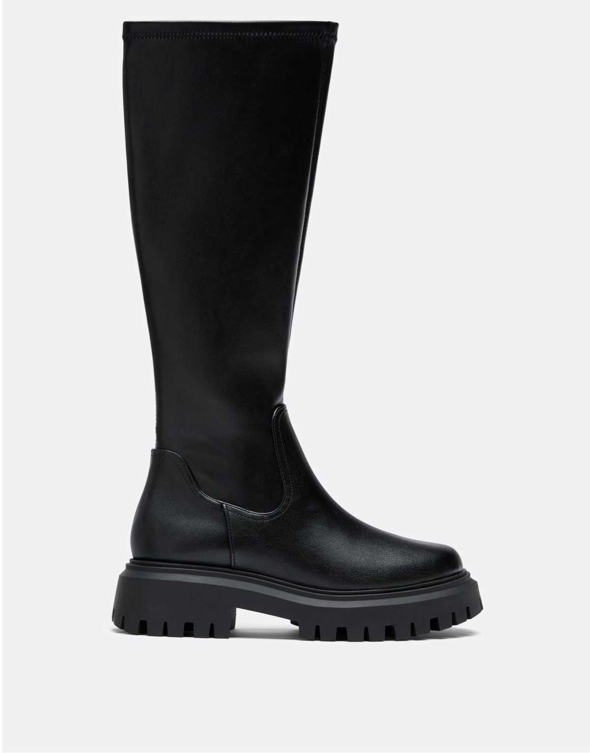 Stradivarius Flat knee-high boots in black