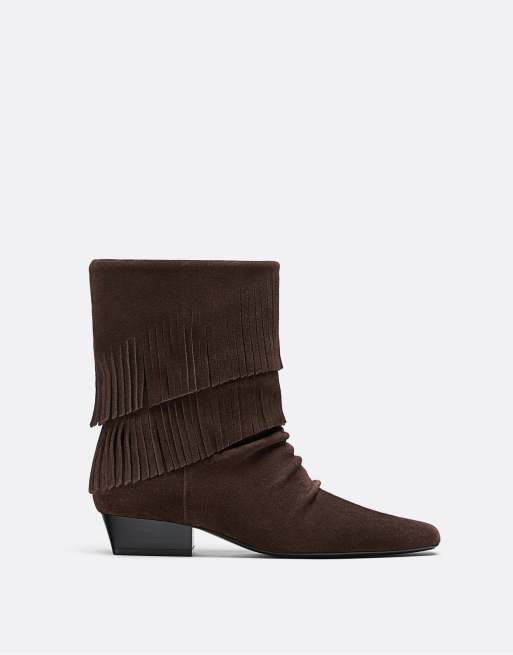 Stradivarius Flat leather ankle boots with fringes in brown ASOS