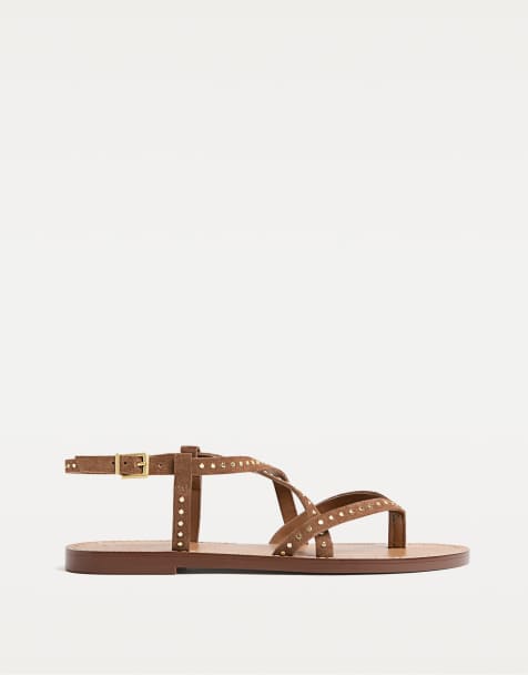 Stradivarius Flat leather sandals with studs in brown - view 1