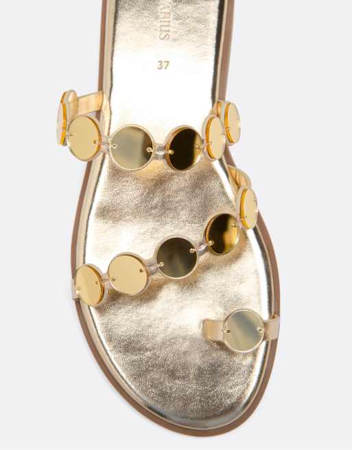 Stradivarius Flat mirror stud sandals in gold, 3 of 4