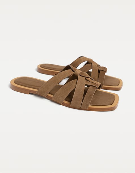 Stradivarius flat split leather sandals in beige - view 1