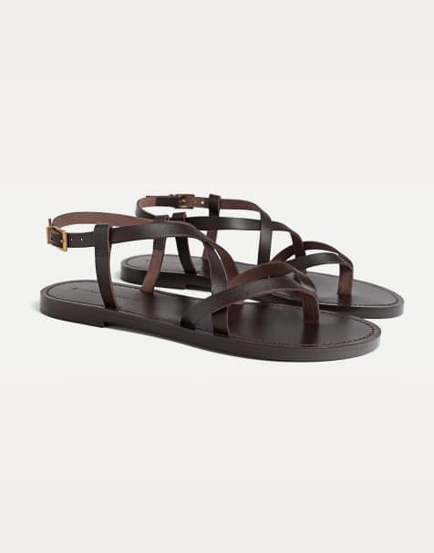 Stradivarius flat strappy leather sandals in brown - view 1