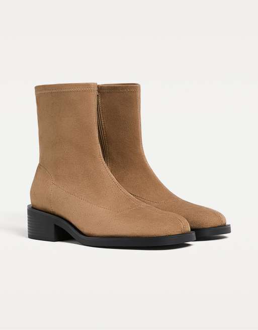Stradivarius Flat suede-effect ankle boots in beige ASOS