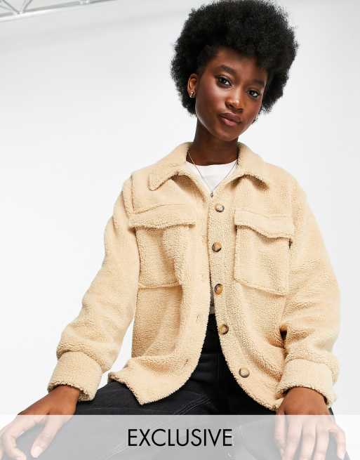 Stradivarius fleece shacket in beige | ASOS