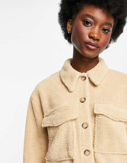 Stradivarius fleece shacket in beige, 3 of 4