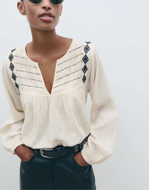 Stradivarius – Fließende, bestickte Bluse in Vanillegelb - view 1