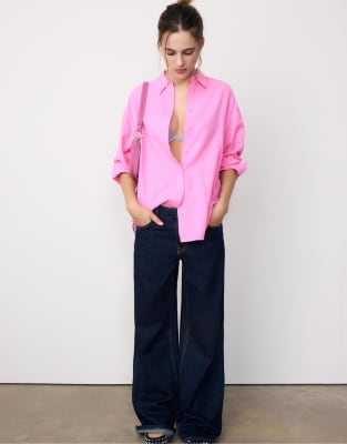 Stradivarius - Fließende Hemdbluse in Pastellrosa mit Leinenanteil