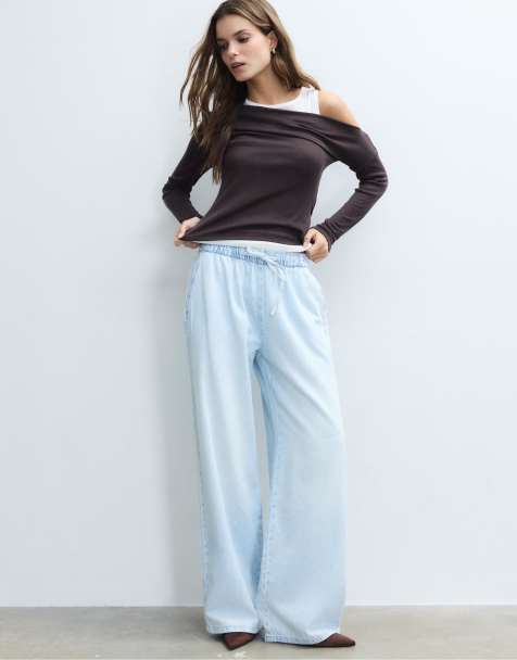 Stradivarius – Fließende Jeans in mittlerem Hellblau mit Kordelzug - view 1