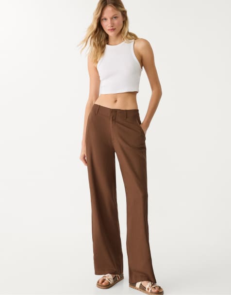 Stradivarius – Fließende Leinenmix-Hose in Braun mit geradem Schnitt - view 1