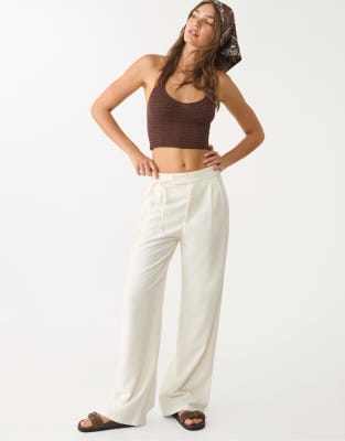 Stradivarius - Fließende Leinenmix-Hose in Ecru mit Bindedetail-Weiß