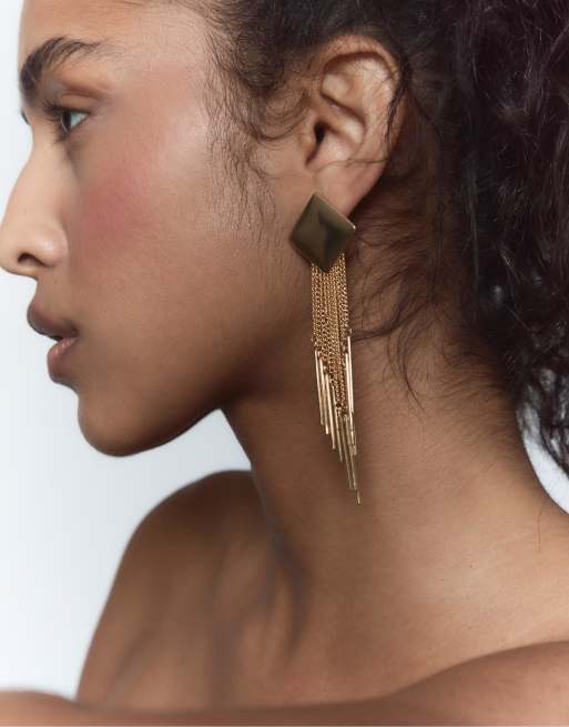 Stradivarius – Fließende, rautenförmige Ketten-Ohrringe in Gold-Optik, 2 von 3