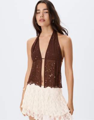 Stradivarius - Fließender Spitzenskort in Vanille-Weiß