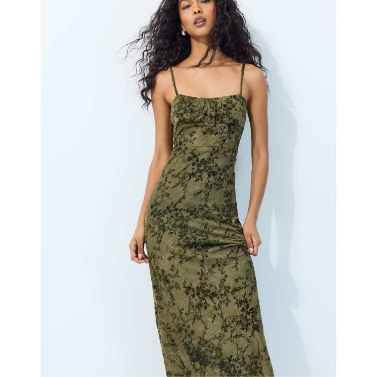 stradivarius green dress Flocked midi strap in khaki Strap Width: 20mm