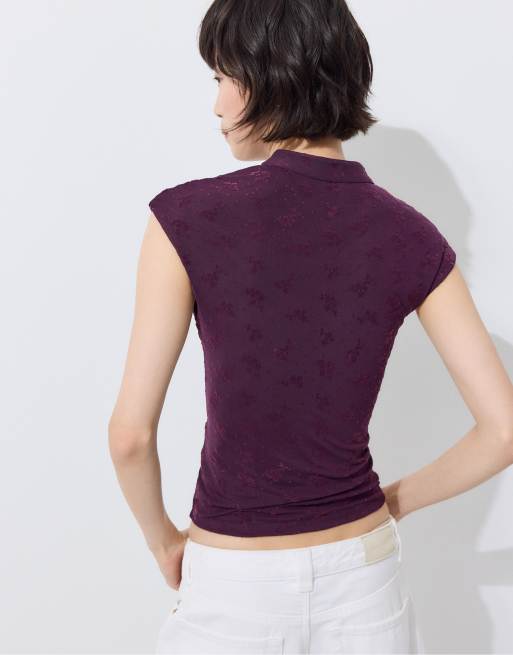Stradivarius Flocked qipao style t-shirt in purple, 3 of 4