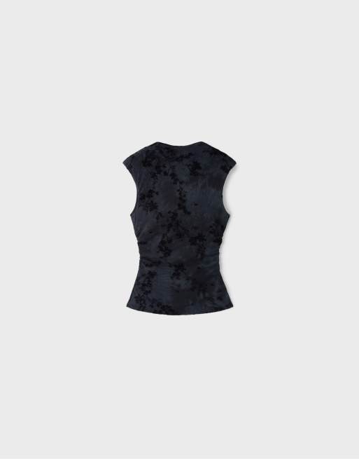 Stradivarius Flocked sleeveless funnel neck t-shirt in dark grey, 6 of 7