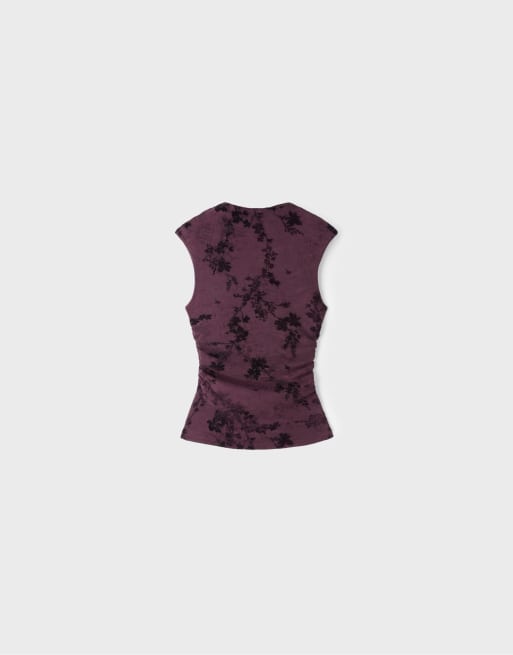 Stradivarius Flocked sleeveless funnel neck t-shirt in purple, 6 of 7