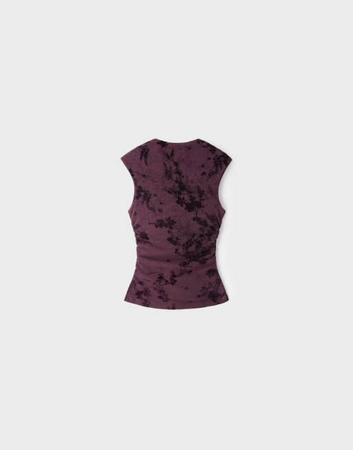 Stradivarius Flocked sleeveless funnel neck t-shirt in purple, 7 of 7