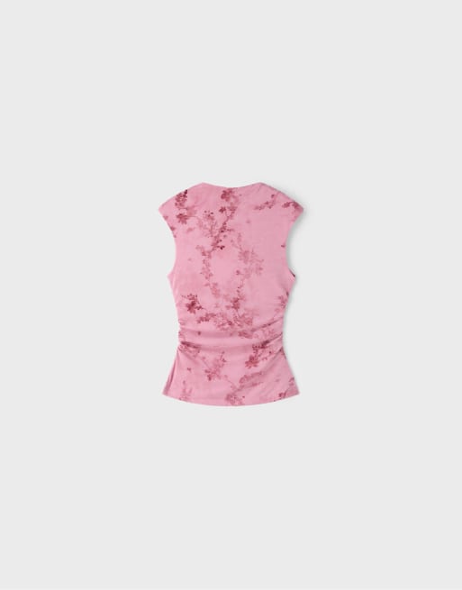 Stradivarius Flocked sleeveless funnel neck t-shirt in salmon pink, 6 of 7