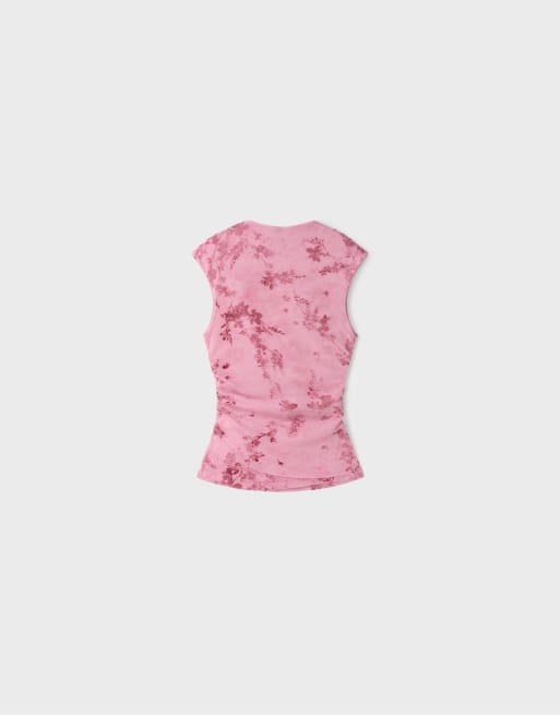 Stradivarius Flocked sleeveless funnel neck t-shirt in salmon pink, 7 of 7