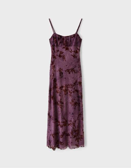 Stradivarius Flocked strap midi dress in purple, 6 of 7