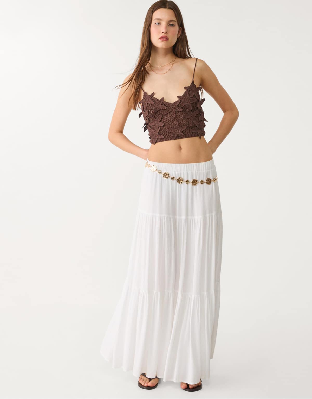 Stradivarius floral crochet top in brown
