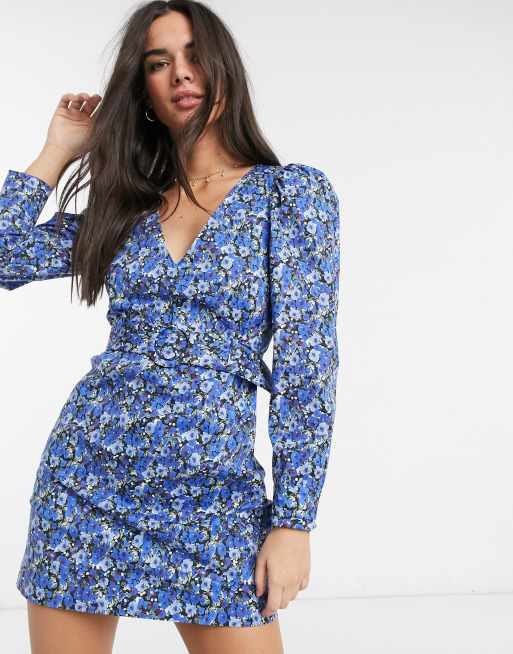 Stradivarius floral dress with belt in blue