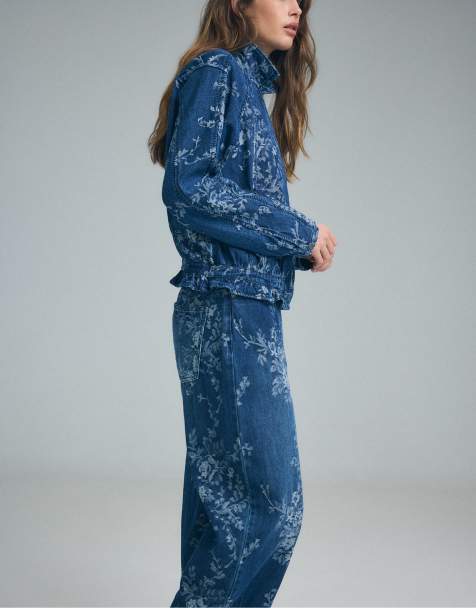 Stradivarius floral jacquard jacket and barrel jeans co-ord in medium blue denim - view 1