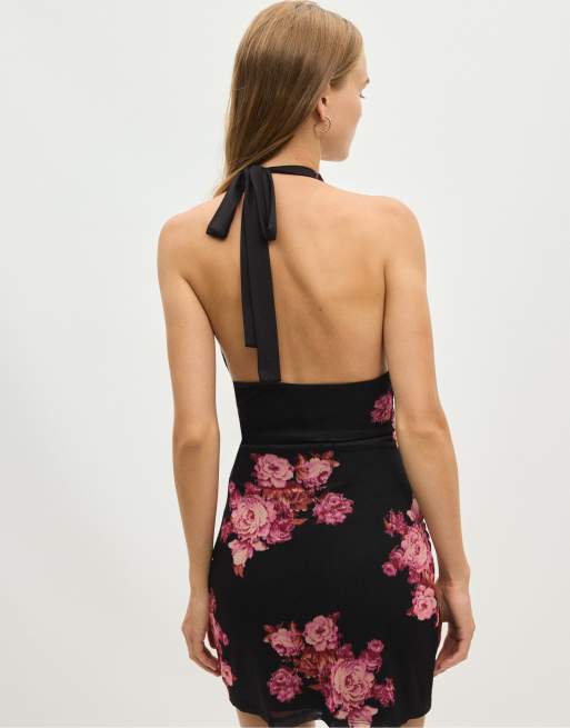 Stradivarius Floral print fitted tulle short dress in black, 2 of 6