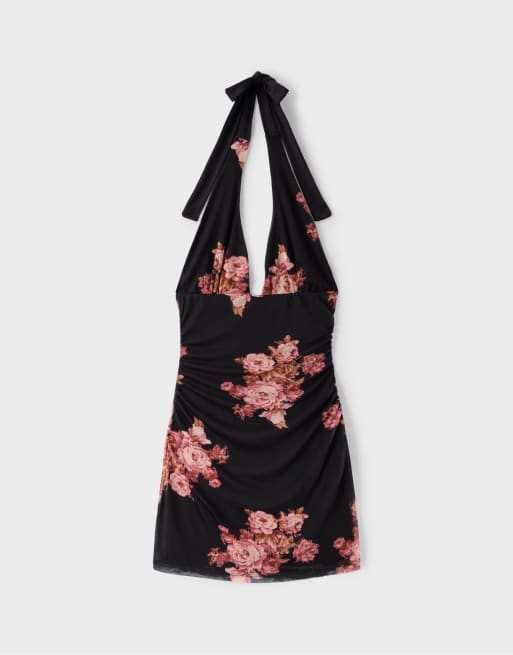 Stradivarius Floral print fitted tulle short dress in black, 5 of 6