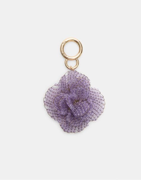 Stradivarius Flower beaded charm key ring in lilac - view 1